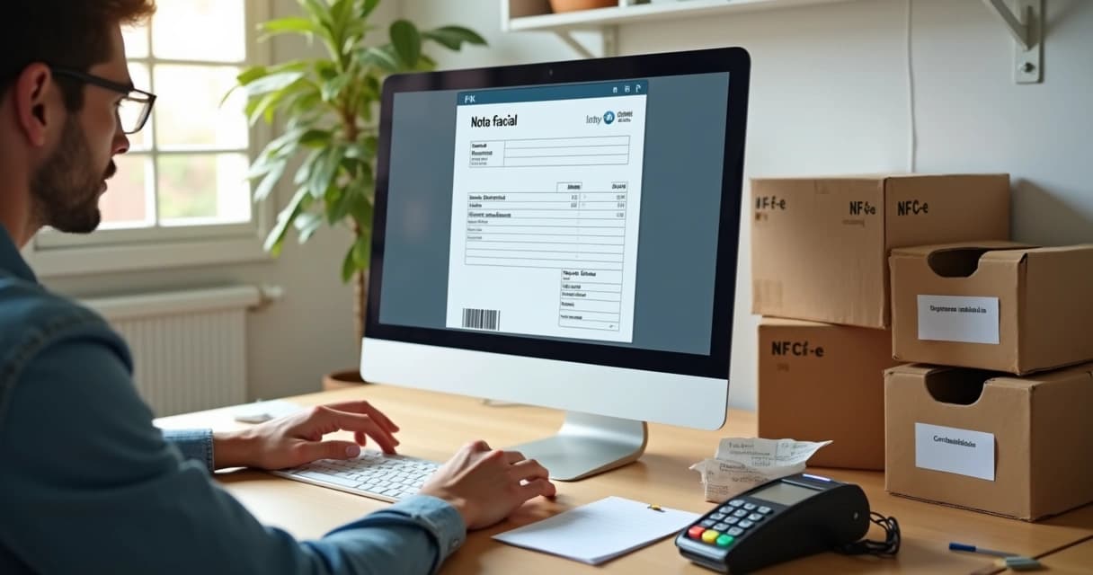 Pequeno empresário emitindo nota fiscal no computador em escritório simples